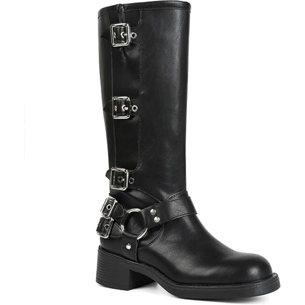 Women's Black Pull on Wide Calf Square Toe Buckles Chunky Metallic Casual Boots